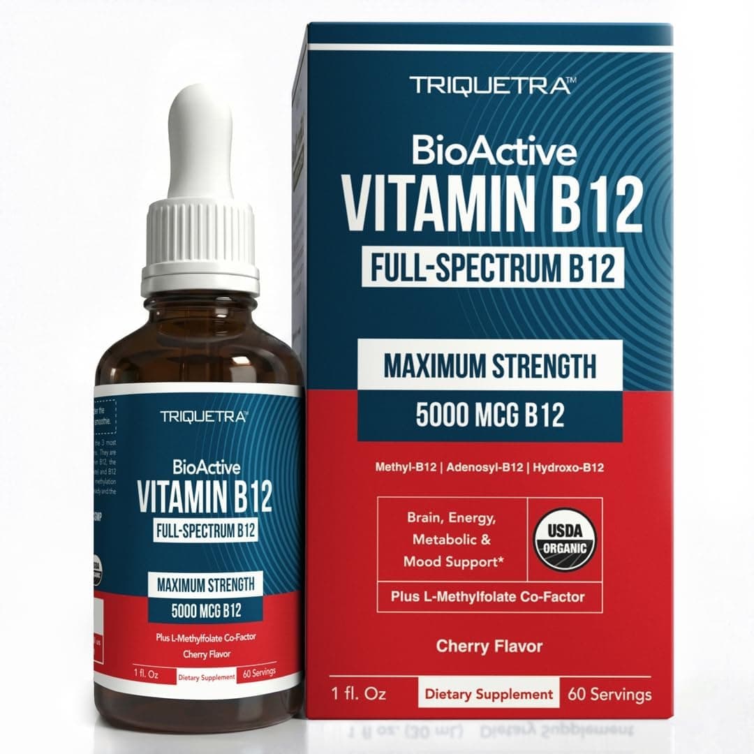 BioActive Vitamin B12 5000 mcg | 3 BioActive Forms Plus Methylfolate Cofactor - Methylcobalamin, Adenosyl & Hydroxy | Sublingual Liquid Drops, Berry Flavor, Organic, Non-GMO, Vegan (1 oz)
