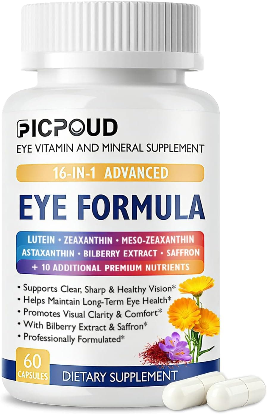 Neurobella Eye Formula, 16-in-1 Eye Vitamins and Mineral Supplement with Lutein 20mg, Zeaxanthin 4mg & Meso-Zeaxanthin 10mg, Astaxanthin, Omega 3, Bilberry & Saffron, Eye Health, 60 Capsules