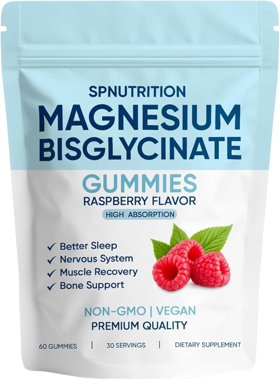 Spnutrition Magnesium Bisglycinate Gummies, with 400mg Magnesium Bisglycinate Chelate, Sea Salt, Raspberry Fruit Powder, Improve Sleep & nervous, Relax Muscles, Strengthen Bones, Vegan, 60 Gummies (1)