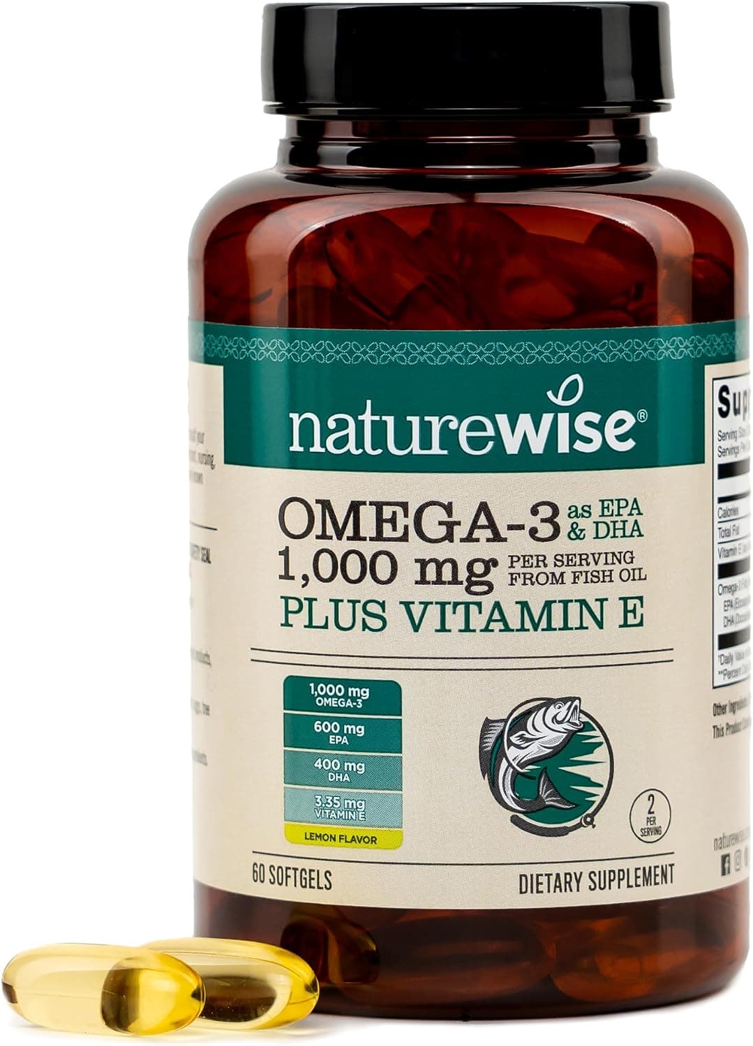 NatureWise Extra-Strength Omega 3 Fish Oil Supplement - 1000mg per Serving - 600 EPA & 400 DHA and Vitamin E - Sustainably Sourced Fish Oil - Lemon Flavor - 60 Softgels[1-Month Supply]